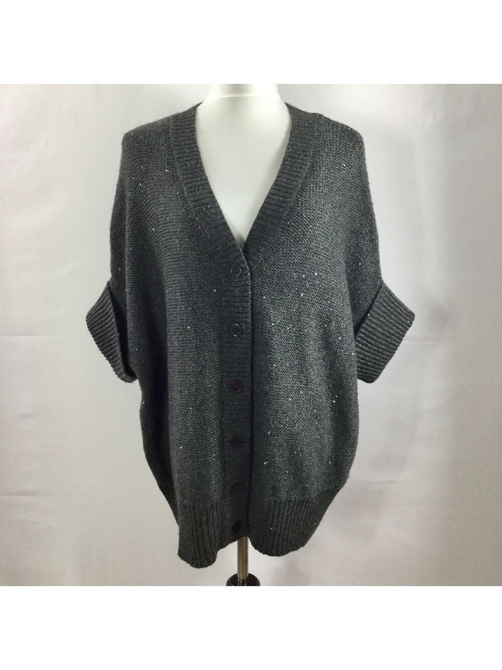 Talbots Gray Wool Blend Cardigan Sequins Sparkly Button Front Short Sleeves Sz M